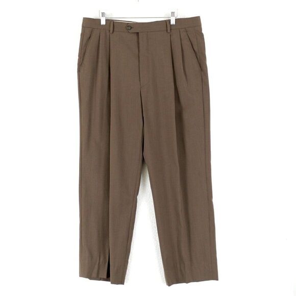 Pronto Uomo Wool Brown Pleated High Rise Lined‎ Partially Dress Pants 36/29 - Picture 1 of 6